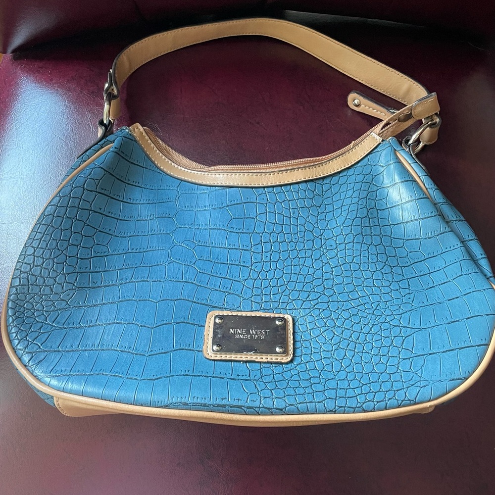 Nine West Blue Croc-Embossed Shoulder Bag with Tan Trim